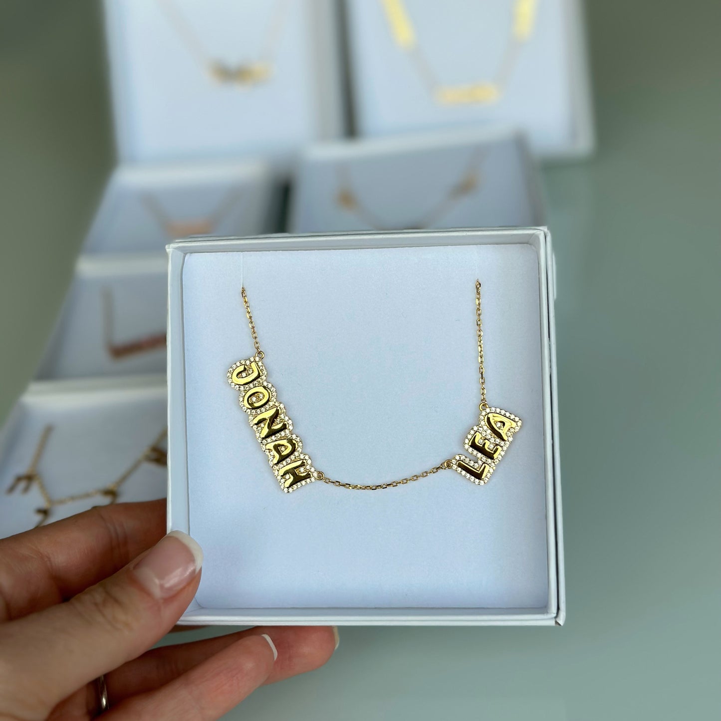 Two Name Maya Bubble CZ Nameplate Necklace