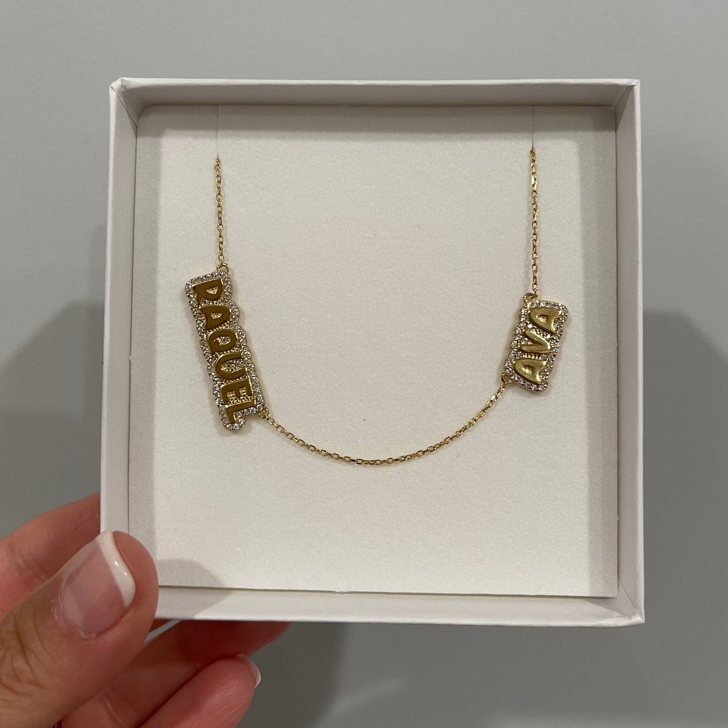 Two Name Maya Bubble CZ Nameplate Necklace