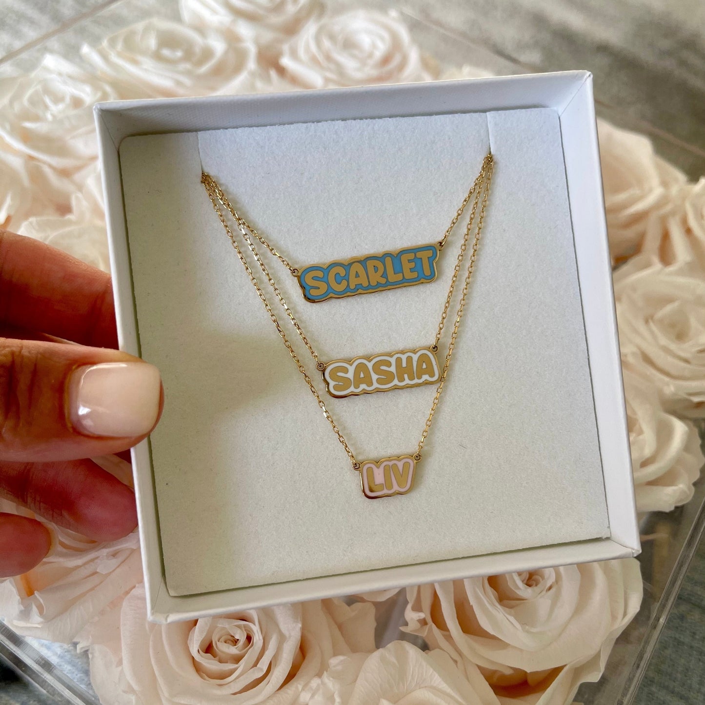 Scarlet Enamel Bubble Nameplate Necklace