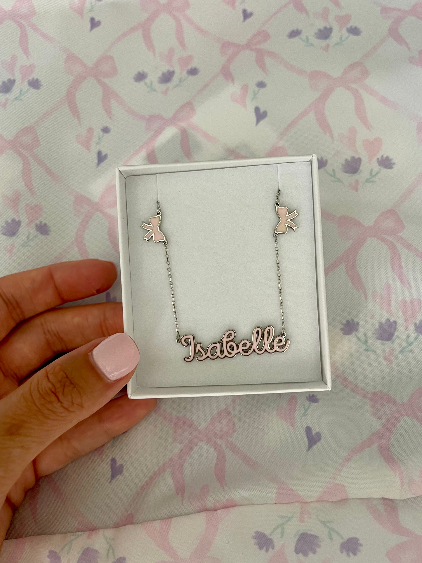 Sophia Script Enamel Bow Necklace